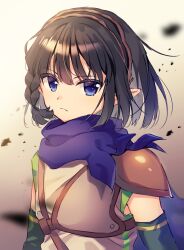 Rule 34 | 1boy, androgynous, armor, bishounen, black hair, blue eyes, blue scarf, breastplate, closed mouth, detached sleeves, elf, grey background, grey shirt, highres, idolmaster, idolmaster side-m, kagura rei, looking at viewer, male focus, pointy ears, rayuse, scarf, shirt, short hair, solo