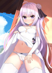 Rule 34 | 1girl, ahoge, arm warmers, azur lane, bow, bow panties, breasts, cameltoe, cleavage, cleft of venus, clothes lift, cloud, dress, dress lift, flashing, gluteal fold, groin, hair bun, highres, lifted by self, long hair, looking at viewer, medium breasts, navel, nc731, outdoors, panties, purple eyes, purple hair, ribbon, single hair bun, sky, smile, solo, sundress, thighhighs, thighs, underwear, unicorn (azur lane), very long hair, white dress, white panties, white thighhighs