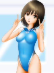 Rule 34 | 1girl, :d, absurdres, arena (company), bad anatomy, bad hands, bad id, bad pixiv id, breasts, brown eyes, brown hair, competition swimsuit, covered erect nipples, double v, female focus, goggles, goggles around neck, highleg, highleg swimsuit, highres, one-piece swimsuit, open mouth, poorly drawn, samejima minoru, short hair, skin tight, small breasts, smile, solo, swimsuit, v, window