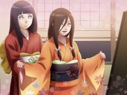 Rule 34 | 2girls, black hair, blunt bangs, bow, brown hair, closed mouth, floral print, hair between eyes, hair bow, happy, hyuuga hanabi, hyuuga hinata, indoors, japanese clothes, kimono, long hair, long sleeves, low twintails, multiple girls, naruto: the last, naruto (series), no pupils, orange kimono, outstretched arms, purple eyes, red kimono, sash, siblings, sisters, smile, spread arms, standing, teeth, twintails, upper body, upper teeth only