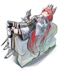 Rule 34 | 1girl, arknights, armored boots, black gloves, black socks, boots, breasts, flametail (arknights), full body, gloves, grey shirt, grey shorts, hair between eyes, hand up, highres, long hair, lying, medium breasts, on back, red eyes, red hair, shadow, shirt, shorts, simple background, socks, solo, spam (spamham4506), sword, very long hair, weapon, white background
