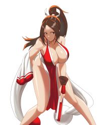 Rule 34 | 1girl, absurdres, arm behind back, arm guards, bare shoulders, breasts, brown eyes, brown hair, cleavage, epko, fatal fury, folded fan, folding fan, hair tie, hand fan, high ponytail, highres, huge breasts, large breasts, leaning forward, long hair, looking to the side, ninja, no bra, parted bangs, pelvic curtain, ponytail, revealing clothes, rope, shiranui mai, sidelocks, simple background, solo, standing, the king of fighters, thighs, white background