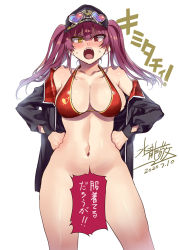 Rule 34 | 1girl, angry, bad id, bad twitter id, bare shoulders, baseball cap, bikini, bikini top only, black hat, black jacket, blush, bottomless, breasts, censored, censored by text, cleavage, collarbone, convenient censoring, halterneck, hands on own chest, hands on own hips, hat, heart, heart-shaped eyewear, heterochromia, hololive, houshou marine, houshou marine (gothic lolita), houshou marine (summer), jacket, large breasts, long hair, mizuryu kei, navel, no panties, open clothes, open jacket, open mouth, red bikini, red eyes, red hair, solo, standing, swimsuit, teeth, thighs, translated, twintails, upper teeth only, virtual youtuber, white background, yellow eyes
