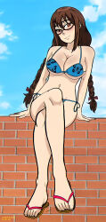 Rule 34 | 1girl, absurdres, animal print, bikini, blue bikini, blush, braid, breasts, brown eyes, brown hair, butterfly print, cleavage, closed mouth, collarbone, flip-flops, glasses, hair ornament, highres, josephscrand, kyochuu rettou, large breasts, long hair, looking at viewer, naruse chitose, navel, on wall, outdoors, sandals, sitting, sky, smile, solo, swimsuit, twin braids, twintails