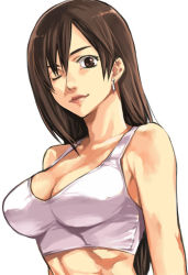 Rule 34 | 1990s (style), 1girl, abs, bad id, bad pixiv id, breasts, brown eyes, brown hair, cleavage, earrings, final fantasy, final fantasy vii, jewelry, large breasts, lips, long hair, muscular, one eye closed, retro artstyle, sakurai muto, simple background, solo, swept bangs, tank top, tifa lockhart, white background, wink