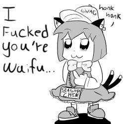 Rule 34 | 1girl, 4chan, :3, animal ears, bkub (style), bling, bow, cat ears, cat tail, chen, clothes writing, drawfag, ear piercing, english text, engrish text, female focus, greyscale, hat, meme, middle finger, monochrome, multiple tails, piercing, profanity, ranguage, short hair, tail, touhou, typo