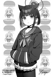 Rule 34 | 2girls, absurdres, ahoge, animal ears, blue archive, blush, cat ears, choker, closed mouth, collarbone, greyscale, hair ornament, hairclip, halo, hands in pocket, highres, hood, hooded jacket, jacket, kazusa (blue archive), korean text, long hair, long sleeves, low twintails, monochrome, multiple girls, neckerchief, pantyhose, pleated skirt, reisa (blue archive), sailor collar, short hair, skirt, star (symbol), star hair ornament, supersugar, twintails