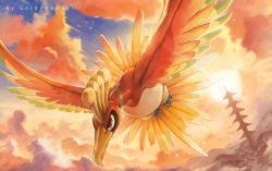 Rule 34 | animal focus, artist name, bird, blue sky, brown eyes, cloud, cloudy sky, commentary request, creature, creatures (company), day, ecruteak city, flying, full body, game freak, gen 2 pokemon, ho-oh, legendary pokemon, mei ford, nintendo, no humans, pokemon, pokemon (creature), serious, sky, solo, tower