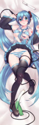 Rule 34 | 1girl, absurdres, aqua eyes, blue hair, blush, boots, bra, breasts, dakimakura (medium), detached sleeves, gebijiade 89, hatsune miku, headphones, highres, large breasts, long hair, looking at viewer, necktie, open clothes, open mouth, open shirt, panties, shirt, skirt, solo, spring onion, striped bra, striped clothes, striped panties, thigh boots, thigh gap, thighhighs, twintails, underwear, very long hair, vocaloid