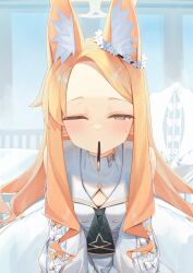 Rule 34 | 1girl, absurdres, animal ear fluff, animal ears, black necktie, blonde hair, blue archive, bow, commentary, dot nose, dress, ear ornament, food in mouth, forehead, fox ears, half-closed eye, highres, incoming pocky kiss, leaning forward, long hair, long sleeves, looking at viewer, necktie, one eye closed, pocky, pocky day, pocky in mouth, sailor collar, seia (blue archive), sleeve bow, solo, sweat, swept bangs, syhan, white bow, white dress, white sailor collar, yellow eyes