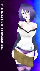 Rule 34 | 00s, 1girl, blue eyes, breasts, brown skirt, candy, cleavage, clothes pull, deviantart username, female focus, food, gradient background, jewelry, lollipop, multicolored background, necklace, open mouth, panties, purple hair, purple panties, rosario+vampire, shirayuki mizore, shirt, simple background, skirt, skirt pull, solo, striped clothes, striped legwear, striped thighhighs, thighhighs, underwear, white shirt