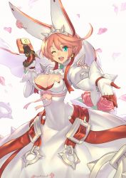 Rule 34 | 1girl, ;d, ascot, belt, blue eyes, blush, bouquet, breasts, buckle, chain, cleavage, clover, dress, earrings, elphelt valentine, eyebrows, flower, four-leaf clover, gloves, guilty gear, guilty gear xrd, gun, hair between eyes, hairband, hand up, hat, highres, holding, holding gun, holding weapon, jewelry, large breasts, long sleeves, one eye closed, open mouth, outstretched arm, palms, petals, pink hair, puffy sleeves, reaching, red flower, red rose, ring, rose, short hair, smile, solo, spikes, takamine nadare, trigger discipline, veil, weapon, white background