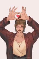 Rule 34 | 1girl, arms up, black coat, blush, brown eyes, closed mouth, coat, commentary, english commentary, finger heart, glasses, green hair, heart, highres, jewelry, jujutsu kaisen, long hair, looking at viewer, necklace, ponytail, scarlettismm, semi-rimless eyewear, shirt, solo, under-rim eyewear, upper body, white shirt, zen&#039;in maki