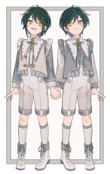 Rule 34 | 2boys, black hair, brothers, closed mouth, facing viewer, full body, highres, hoe satsuki, holding hands, looking at another, mahoutsukai no yakusoku, male focus, multiple boys, open mouth, short hair, siblings, snow (mahoutsukai no yakusoku), teeth, twins, white (mahoutsukai no yakusoku), yellow eyes