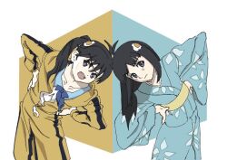 Rule 34 | 2girls, ahoge, aqua background, aqua kimono, araragi karen, araragi tsukihi, black eyes, black hair, black jacket, black pants, blue bow, blue bowtie, blue sailor collar, bow, bowtie, closed mouth, collarbone, collared shirt, commentary, cowboy shot, dress shirt, egg hair ornament, floral print, floral print kimono, food-themed hair ornament, fried egg, furrowed brow, hair between eyes, hair ornament, hands on own hips, head tilt, heads together, hood, hood down, jacket, japanese clothes, kimono, leaning to the side, long hair, long sleeves, monogatari (series), multicolored clothes, multicolored jacket, multiple girls, nisemonogatari, obi, open clothes, open jacket, open mouth, pants, sailor collar, sash, school uniform, serafuku, shirt, siblings, side ponytail, single vertical stripe, sisters, suisyokumotsu, teeth, track jacket, track pants, tsuganoki second junior high school uniform, two-tone jacket, two-tone pants, upper teeth only, white background, white shirt, yellow background, yellow jacket, yellow pants, yellow sash