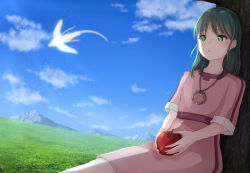 Rule 34 | 1girl, against tree, apple, beastlord (kemono no souja no erin), cloud, day, dress, food, fruit, grass, green eyes, green hair, holding, holding food, holding fruit, jewelry, kemono no souja erin, long hair, looking at viewer, mountainous horizon, namidanouta, necklace, no pupils, outdoors, parted bangs, pink dress, short sleeves, sitting, solo, tree