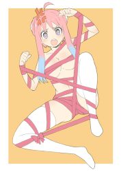 Rule 34 | 1girl, absurdres, ahoge, anger vein, blush, border, bound, breasts, compile heart, donguri suzume, double bun, gradient hair, hair bun, highres, ileheart, large breasts, looking at viewer, multicolored hair, naked ribbon, no shoes, open mouth, orange background, pink hair, purple eyes, ribbon, round teeth, sidelocks, solo, star-shaped pupils, star (symbol), symbol-shaped pupils, teeth, thighhighs, tied up, upper teeth only, virtual youtuber, white border, white thighhighs