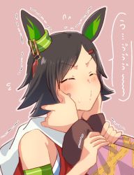 Rule 34 | 1girl, animal ears, armband, bandaid, bandaid on face, bare shoulders, black hair, blush, brown background, commentary request, closed eyes, flying sweatdrops, hands on another&#039;s face, holding another&#039;s wrist, horse ears, long sleeves, motion lines, narita taishin (umamusume), out of frame, puckered lips, ria (injuriar), shirt, short hair, sleeveless, sleeveless shirt, solo, speech bubble, sweatdrop, umamusume, upper body, v-shaped eyebrows, winning ticket (umamusume)