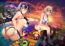 Rule 34 | 3girls, ahoge, ass, bikini, black bikini, blonde hair, blue eyes, blush, braid, breasts, butt crack, chair, cityscape, cleavage, closed mouth, collarbone, cup, drinking glass, evening, fate/grand order, fate (series), gilles de rais (caster) (fate), hand on own ass, headpiece, highres, jeanne d&#039;arc (fate), jeanne d&#039;arc (ruler) (fate), jeanne d&#039;arc alter (avenger) (fate), jeanne d&#039;arc alter (fate), jeanne d&#039;arc alter santa lily (fate), large breasts, leaning forward, long hair, looking at viewer, looking back, lounge chair, medium breasts, multiple girls, navel, outdoors, pool, sandals, shiny skin, short hair, sidelocks, silver hair, single braid, sitting, sky, smile, sparkle, star (sky), starry sky, stomach, stuffed toy, sunset, swimsuit, tetsubuta, very long hair, white bikini, yellow eyes
