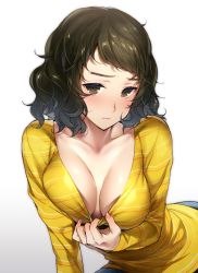 Rule 34 | 10s, 1girl, black hair, blush, breasts, brown eyes, cleavage, clothes pull, eyebrows, gradient background, hizuki akira, kawakami sadayo, large breasts, long sleeves, looking at viewer, md5 mismatch, messy hair, no bra, persona, persona 5, pulled by self, shirt, shirt pull, short hair, solo, striped clothes, striped shirt
