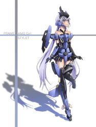 Rule 34 | 1girl, black gloves, blue eyes, blue hair, blush, frame arms girl, gloves, highres, long hair, mecha musume, misenouchi, shadow, smile, solo, standing, standing on one leg, stylet, thighhighs, thighs, white background