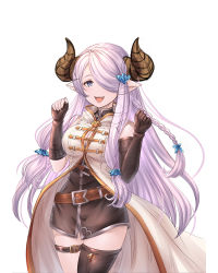 Rule 34 | 1girl, asymmetrical clothes, asymmetrical gloves, bare shoulders, belt, blush, braid, breasts, coat, commentary request, draph, dress, fingerless gloves, gloves, granblue fantasy, hair ornament, hair over one eye, hairclip, horns, large breasts, long hair, looking at viewer, narmaya (granblue fantasy), open mouth, pink hair, pointy ears, purple eyes, s1a1nokoka, short dress, simple background, single thighhigh, sleeveless, smile, teeth, thigh strap, thighhighs, thighs, turtleneck, white background