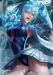 Rule 34 | 1girl, amasaki yusuke, blazer, blue eyes, blue hair, breasts, covered erect nipples, dead or alive, electricity, fingerless gloves, glasses, gloves, grey skirt, highres, jacket, leotard, leotard under clothes, looking to the side, medium breasts, necktie, nico (doa), open hands, open mouth, red necktie, short hair, skirt, solo, suspender skirt, suspenders, tecmo