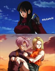 Rule 34 | 1boy, 2girls, ada wong, ada wong (cosplay), android 18, ashley graham, ashley graham (cosplay), black hair, black shirt, blonde hair, blunt bangs, bodysuit, breasts, carrying, closed mouth, cosplay, dragon ball, dragon ball super, dragonball z, fingerless gloves, gloves, highres, large breasts, leon s. kennedy, leon s. kennedy (cosplay), lipstick, long hair, mai (dragon ball), makeup, multiple girls, night, night sky, parted lips, pipeesnow, princess carry, purple hair, resident evil, resident evil 4, resident evil 4 (remake), serious, shirt, skirt, sky, sleeveless, sleeveless shirt, sunset, trunks (dragon ball), trunks (future) (dragon ball)