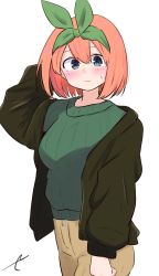 Rule 34 | 1girl, arm behind head, arm up, black jacket, blue eyes, blush, brown pants, closed mouth, commentary, cowboy shot, eyebrows hidden by hair, go-toubun no hanayome, green ribbon, green sweater, hair between eyes, hair ribbon, highres, jacket, kujou karasuma, long sleeves, looking at viewer, nakano yotsuba, open clothes, open jacket, orange hair, pants, ribbed sweater, ribbon, signature, simple background, solo, standing, sweat, sweater, symbol-only commentary, white background
