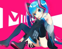 Rule 34 | 1girl, absurdres, bare shoulders, black footwear, black skirt, blue eyes, blue hair, blue panties, boots, closed mouth, detached sleeves, food, food on face, hatsune miku, head tilt, highres, long sleeves, looking at viewer, mouth hold, necktie, panties, pantyshot, pink background, pleated skirt, red necktie, shirt, sitting, skirt, sleeveless, sleeveless shirt, sogawa, solo, striped clothes, striped panties, thigh boots, thighhighs, twintails, underwear, vocaloid