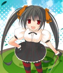 Rule 34 | 1girl, :d, black hair, bow, fang, female focus, from above, gloves, hair bow, hair ornament, hand on own hip, kooh, long hair, looking at viewer, open mouth, pangya, pantyhose, perspective, puffy short sleeves, puffy sleeves, red eyes, short sleeves, smile, solo, standing, striped clothes, striped pantyhose, twintails