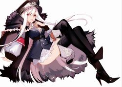 Rule 34 | 1girl, aiguillette, arm support, armband, ateoyh, bad id, bad pixiv id, belt buckle, black dress, black footwear, boots, breasts, buckle, chinese commentary, commentary request, cross-laced footwear, crossed legs, dress, finger to mouth, fur trim, girls&#039; frontline, hair between eyes, hat, high heel boots, high heels, kar98k (girls&#039; frontline), lace-up boots, legs, long hair, long sleeves, looking at viewer, military, military hat, military uniform, peaked cap, red eyes, shoe soles, short dress, simple background, sitting, solo, thigh boots, thighhighs, uniform, very long hair, white background, white hair, wide sleeves