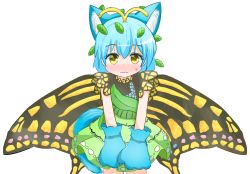 Rule 34 | 1girl, animal ears, animal hands, antennae, aqua hair, blush, butterfly wings, cat ears, cat paws, cat tail, closed mouth, coruthi, dress, eternity larva, fairy, fake animal ears, green dress, insect wings, leaf, leaf on head, multicolored clothes, multicolored dress, short hair, simple background, single strap, solo, tail, touhou, wavy mouth, white background, wings, yellow eyes
