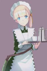 Rule 34 | 1girl, alternate costume, apron, bad id, bad pixiv id, blonde hair, blue eyes, blunt bangs, blush, closed mouth, cup, gradient background, hair ornament, highres, holding, holding tray, kantai collection, long hair, long sleeves, looking at viewer, maid, maid headdress, orange ribbon, ribbon, shin&#039;you (kancolle), side ponytail, solo, teacup, teapot, tray, weasel (close-to-the-edge), white apron