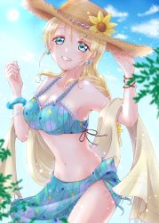 Rule 34 | 1girl, :d, absurdres, ayamu (igakato), ayase eli, bad id, bad pixiv id, bikini, blonde hair, blue eyes, bracelet, breasts, cleavage, earrings, grin, hat, highres, jewelry, long hair, looking at viewer, love live!, love live! school idol festival, love live! school idol project, medium breasts, navel, open mouth, sarong, smile, solo, straw hat, swimsuit, towel