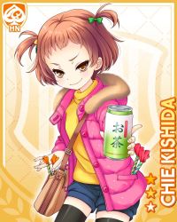 Rule 34 | 1girl, backpack, bag, blouse, brown hair, can, closed mouth, firecrackers, frog, fur collar, girlfriend (kari), hair ornament, holding, jacket, kishida chie, looking at viewer, official art, orange background, pink jacket, qp:flapper, shirt, shorts, smile, solo, standing, strap, tagme, thighhighs, toy, twintails, yellow eyes, yellow shirt