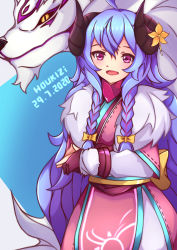 Rule 34 | 1girl, absurdres, ahoge, alternate eye color, alternate hair color, alternate hairstyle, animal, animal ears, blue hair, body fur, braid, curled horns, fingerless gloves, flower, fur (clothing), gloves, hair between eyes, hair flower, hair ornament, highres, horns, houkiz, kindred (league of legends), lamb (league of legends), league of legends, long hair, looking at viewer, official alternate costume, official alternate hairstyle, open mouth, pink eyes, purple hair, ribbon, sheep girl, side braid, single fingerless glove, smile, solo, spirit blossom kindred, twin braids, twintails, very long hair, wolf, wolf (league of legends)