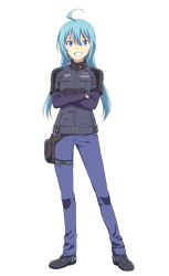 Rule 34 | 1girl, ahoge, blue eyes, blue hair, blue pants, contrapposto, copyright request, crossed arms, full body, grey jacket, grin, hair between eyes, ishii hisao, jacket, leg strap, long sleeves, looking at viewer, original, pants, simple background, smile, solo, standing, thigh strap, white background