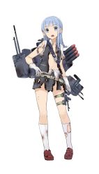 Rule 34 | 10s, 1girl, blue eyes, blue hair, damaged, full body, gloves, hand on own hip, hatsukaze (kancolle), kantai collection, konishi (koconatu), long hair, machinery, matching hair/eyes, official art, open mouth, red footwear, school uniform, shirt, shoes, short sleeves, skirt, solo, torn clothes, torn shirt, torn skirt, transparent background, turret, vest, white gloves