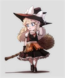 Rule 34 | 1girl, adjusting clothes, adjusting headwear, apron, arm up, bad id, bad pixiv id, bamboo broom, black gloves, blonde hair, blue eyes, braid, broom, carrying, chibi, female focus, fingerless gloves, gloves, hair ribbon, hat, hat ribbon, kirisame marisa, long hair, ribbon, shirt, skirt, skirt set, solo, touhou, undefined fantastic object, unknown showhey, vest, walking, witch, witch hat