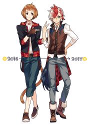 Rule 34 | 2016, 2017, 2boys, :3, ;(, ahoge, animal ears, ankle boots, belt, belt buckle, bird tail, black eyes, black jacket, blue pants, bolo tie, boots, bow, bowtie, braid, brooch, brown footwear, brown gloves, brown hair, brown vest, buckle, buttons, capri pants, chinese zodiac, closed mouth, collared shirt, contrapposto, cross-laced footwear, crossed legs, dress shirt, ebira, feather hair ornament, feathers, fingerless gloves, full body, fur trim, gloves, grey pants, hair ornament, hand on another&#039;s back, hand on own hip, hood, hood down, hooded jacket, jacket, jewelry, lace-up boots, long sleeves, looking at viewer, looking to the side, male focus, monkey ears, monkey tail, multicolored hair, multiple boys, new year, original, pants, personification, pink bow, pink bowtie, plaid, pocket, pointing, print pants, red hair, shirt, shoes, side braid, simple background, single braid, sleeves rolled up, smile, standing, suspenders, tail, two-tone hair, untucked shirt, v, vest, watson cross, white background, white hair, white shirt, year of the monkey, year of the rooster