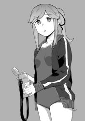 Rule 34 | 1girl, breasts, cup, greyscale, hair ribbon, holding, holding cup, jacket, kantai collection, long hair, long sleeves, makio (makiomeigenbot), monochrome, one-piece swimsuit, open mouth, ponytail, ribbon, sidelocks, signature, simple background, small breasts, solo, swimsuit, swimsuit under clothes, track jacket, usugumo (kancolle)