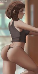 Rule 34 | 1girl, absurdres, ass, back, bare shoulders, blush, boku no hero academia, breasts, brown eyes, brown hair, closed mouth, feet out of frame, from side, gluteal fold, highres, large breasts, looking at viewer, looking to the side, no pants, oroborus, panties, short hair, sideboob, sidelocks, sideways glance, sports bikini, thighs, thong, underwear, uraraka ochako