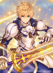 Rule 34 | &gt;:), 1boy, armor, arthur pendragon (fate), blonde hair, blue background, breastplate, closed mouth, commentary request, cowboy shot, excalibur (fate/prototype), fate/prototype, fate/prototype: fragments of blue and silver, fate (series), faulds, gauntlets, holding, holding sword, holding weapon, hoshizaki reita, looking at viewer, male focus, pauldrons, shoulder armor, solo, sparks, standing, sword, v-shaped eyebrows, watermark, weapon