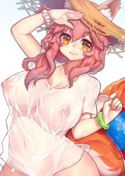 Rule 34 | 1girl, animal ear fluff, animal ears, blouse, bottomless, bracelet, breasts, closed mouth, cowboy shot, ears through headwear, fate/grand order, fate (series), fox ears, fox tail, hand up, hat, huge breasts, innertube, jewelry, leaning to the side, long hair, looking at viewer, naked shirt, navel, nipples, no bra, orange eyes, osiimi, pink hair, see-through, shirt, short sleeves, simple background, smile, solo, straw hat, swim ring, tail, tamamo (fate), tamamo no mae (fate/extra), tamamo no mae (swimsuit lancer) (fate), tamamo no mae (swimsuit lancer) (second ascension) (fate), wet, wet clothes, wet shirt, white background, white shirt, wristband