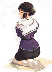 Rule 34 | 10s, 1girl, ass, brown eyes, brown hair, from behind, hair ornament, kantai collection, kneeling, looking at viewer, looking back, myoukou (kancolle), pantyhose, pantylines, pochi (pochi-goya), short hair, skirt, solo, undressing