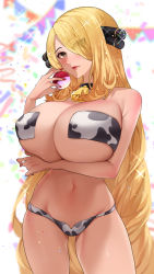 Rule 34 | animal print, bare shoulders, blonde hair, breast hold, breasts, cow print, creatures (company), cynthia (pokemon), game freak, huge breasts, impossible clothes, lipstick, long hair, makeup, nail polish, navel, nintendo, panties, poke ball, pokemon, pokemon dppt, standing, sumisumii, underwear