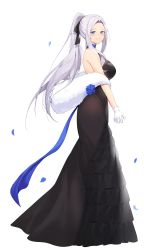 Rule 34 | 1girl, :d, absurdres, azur lane, bare shoulders, black dress, blue eyes, blue flower, blue rose, blush, breasts, commission, dress, flower, forehead, from side, full body, gloves, grin, high ponytail, highres, large breasts, layered dress, long hair, looking at viewer, looking to the side, open mouth, own hands together, petals, rose, rose petals, sayan, shawl, silver hair, simple background, sleeveless, sleeveless dress, smile, solo, standing, teeth, very long hair, white background, white gloves, yorktown (azur lane), yorktown (evening i can&#039;t remember) (azur lane)