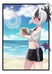 Rule 34 | 1girl, absurdres, ball, bare shoulders, beachball, bikini, bikini top only, bikini under clothes, black bikini, black hair, black shorts, blue archive, blue sky, blush, closed mouth, cloud, commentary request, day, hair between eyes, halo, highres, holding, holding ball, horizon, kayoko (blue archive), looking at viewer, looking to the side, low wings, multicolored hair, ocean, off-shoulder shirt, off shoulder, purple wings, rachel114514, red eyes, see-through, shirt, short shorts, short sleeves, shorts, sky, smile, solo, swimsuit, two-tone hair, water, wet, wet clothes, wet shirt, white shirt, wings