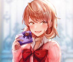Rule 34 | 1girl, blurry, blurry background, blush, bow, bowtie, box, box of chocolates, brown eyes, brown hair, cardigan, choker, collared shirt, commentary, earrings, gift, gift box, hand up, heart, heart choker, holding, holding box, jewelry, long sleeves, looking at viewer, open mouth, pate (tbit), pearl earrings, persona, persona 3, pink cardigan, red bow, red bowtie, shirt, short hair, smile, solo, swept bangs, takeba yukari, valentine, white choker, white shirt
